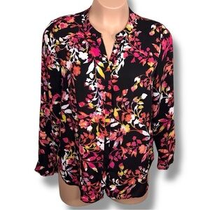 1X Simply Emma Floral Blouse Black Fuchsia Pink Vneck Ruffle Sleeve Plus Flowy